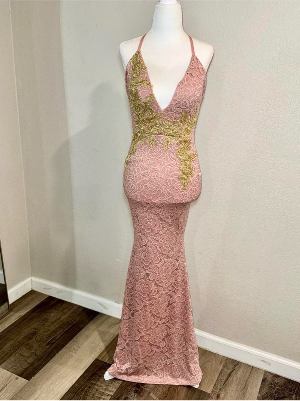 Windsor Rose Pink Lace Mermaid Gown with Gold Appliqué